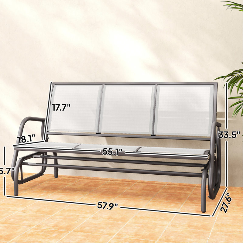 Banc oscillant d'extérieur pour 3 personnes, siège en filet respirant, structure en acier thermolaqué, gris, idéal pour un filet en bord de piscine, un coffre-fort en métal et une évasion coulissante confortable
