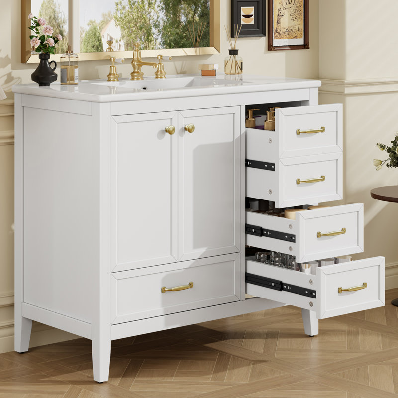 36" Bathroom Vanity With Ceramic Sink, White