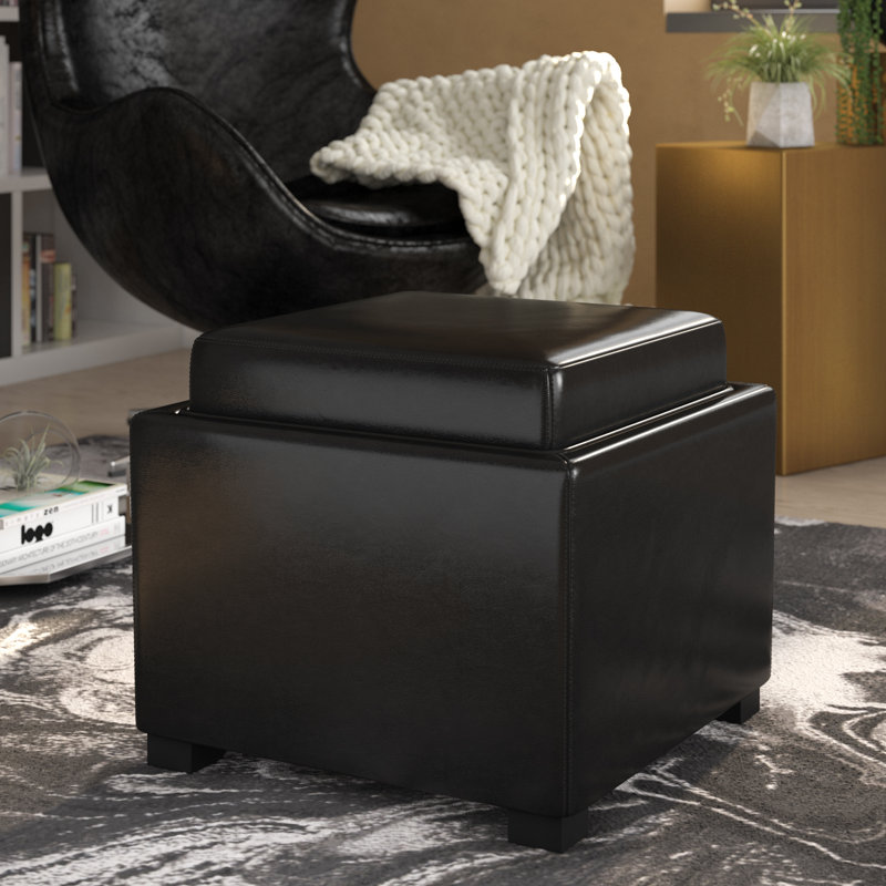 Wilkinson 46cm Wide Genuine Leather Square Solid Colour Standard Ottoman with Storage, Black