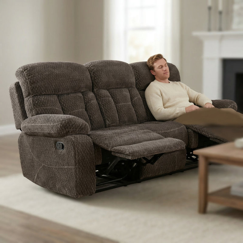 3-Seater Reclining Sofa With Drop Down Table, Plush Fabric Manual Recliner Couch With Cup Holders, Brown