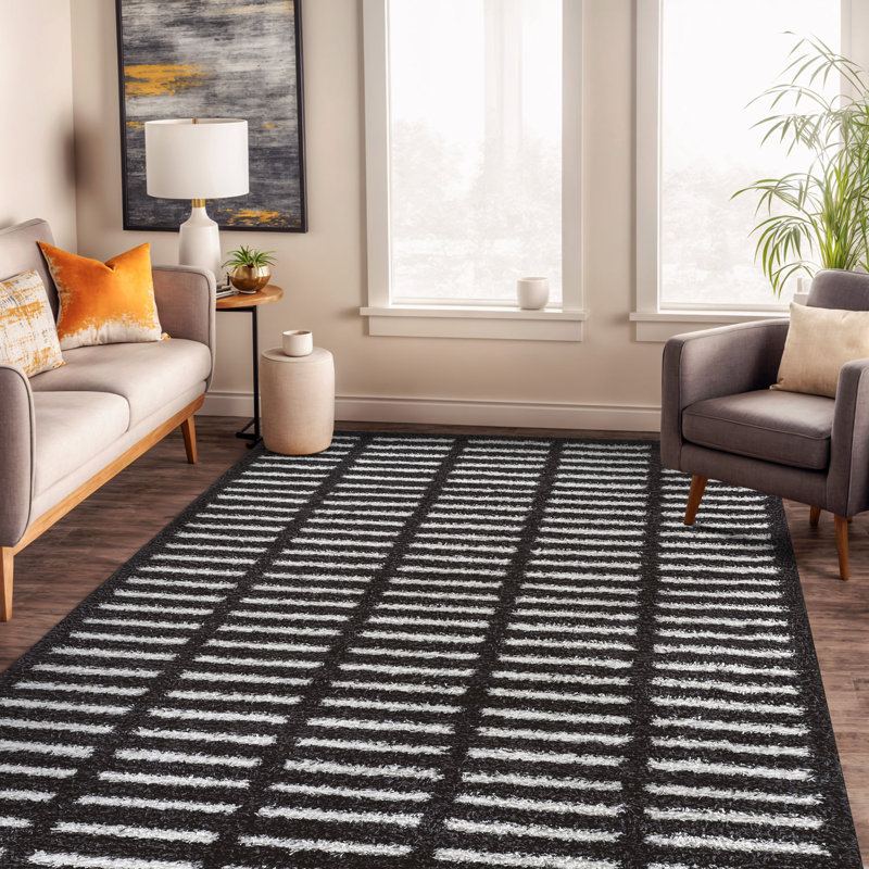 Bohemian Stripe Lines Shag Rug – Anthracite Dark Gray – Medium Pile, Textured, Easy To Clean, Rectangle 5' x 7'