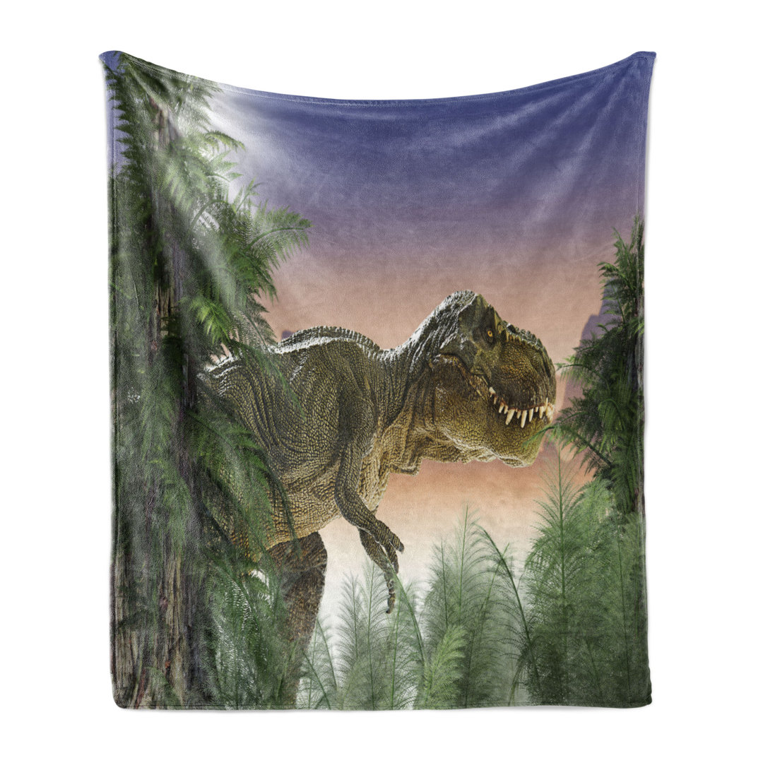 Weich Flanell Fleece Decke, Dinosaurier im Dschungel, Jurassic, Grün Blau Pfirsich