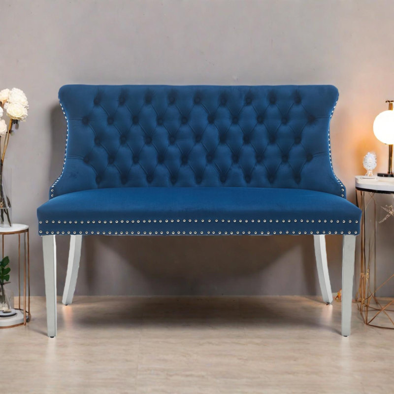 Banc de salle à manger en velours capitonné avec dossier à oreilles et pieds en acier inoxydable, Bleu