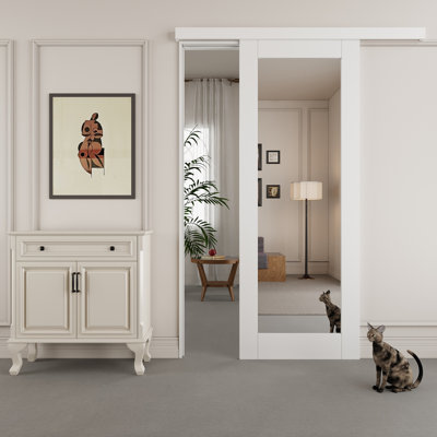 80" Hidden Style Track White Primed 1-Lite Glass Mirrored Sliding Barn Door With Hardware Kit(No Assembly Required)