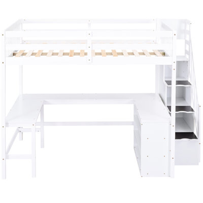 Full Size Loft Bed In White With Desk, Storage Shelves And Attached Staircase - Option Maximize Bedroom Function White, Built-In Desk & Shelves,