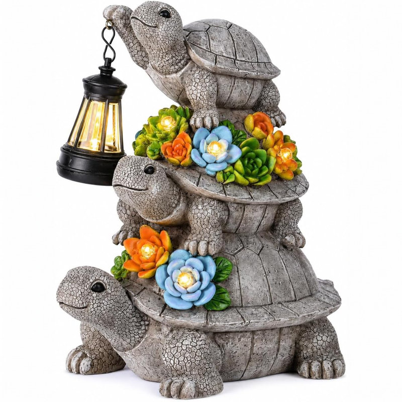 Resin Solar-Powered Stacked Turtle Garden Statue
