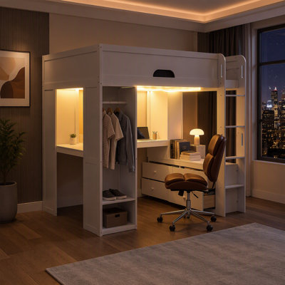 Solid Wood Loft Bed with L-Shaped Desk,Storage Cabinet,and Wardrobe, High Loft Bed with Smart APP Control LED Light Strip, USB Charging Ports