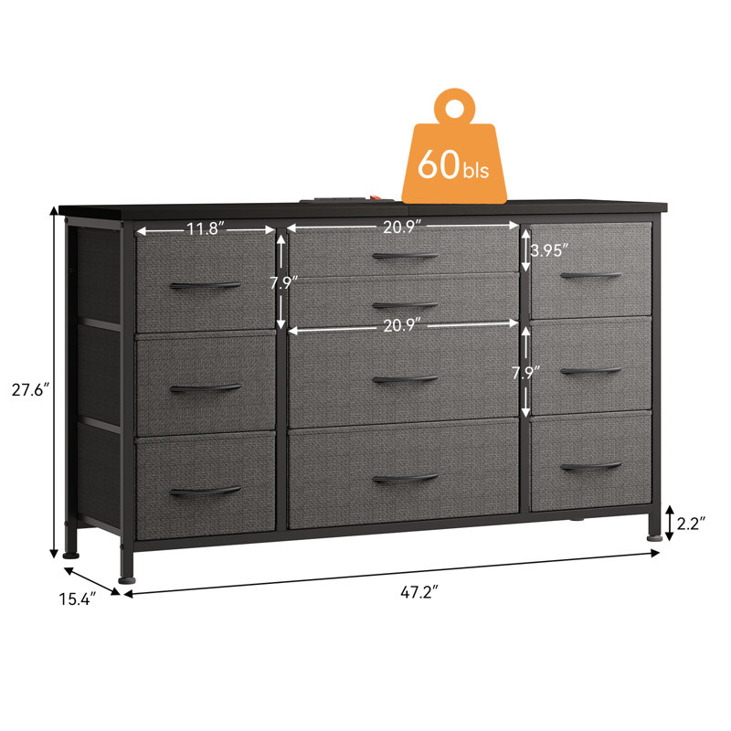 Commode 10 tiroirs avec prise de courant, Gris