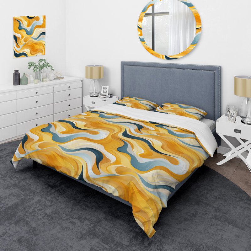 Ensemble de housse de couette abstrait jaune et blanc Mid-Century Waves Fusion I - microfibre de polyester