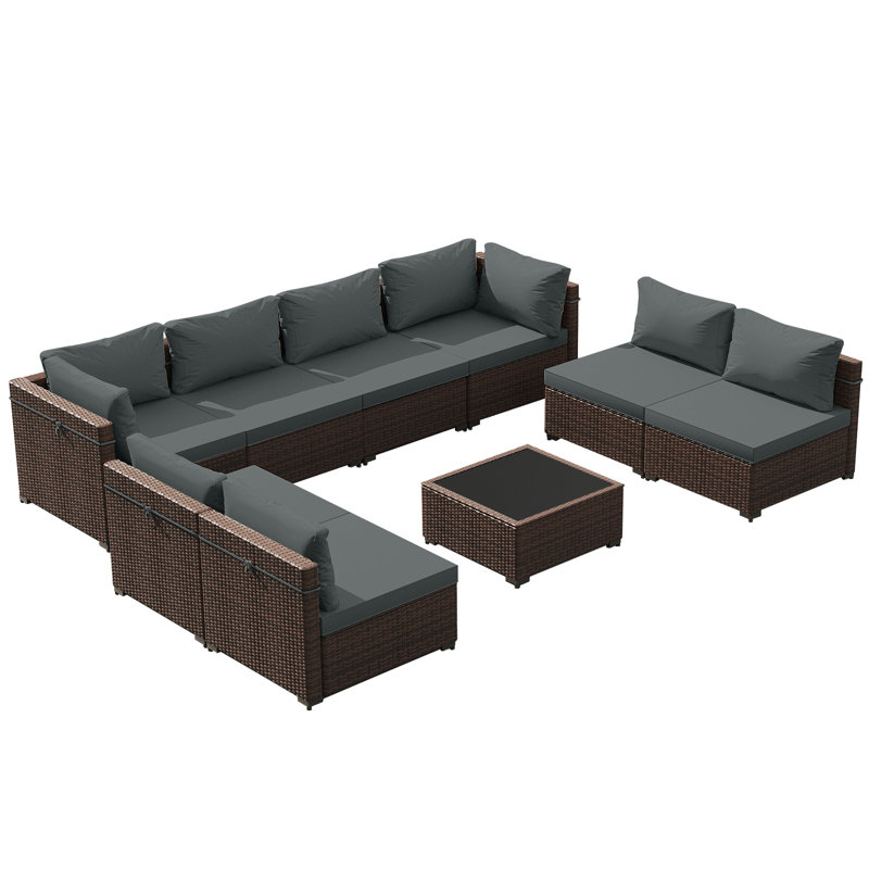 Ensemble de conversation 9 pièces pour patio en osier avec coussins, gris, Gris