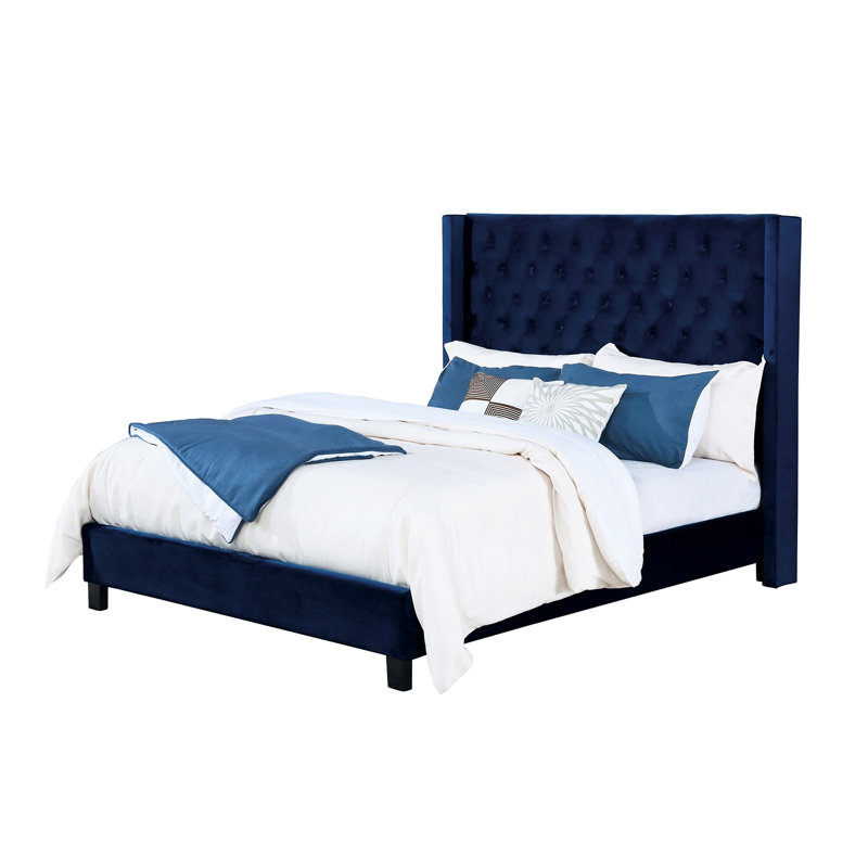 Base de lit grand bleu marine, style transitionnel, revêtement en velours, entièrement rembourré, tête de lit à boutons avec motif à losanges et surpiqué moderne, sur