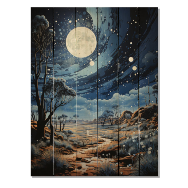 Motif pointillisme clair de lune bleu marine et beige sur bois, H 40 po x l 30 po x P 0,78 po