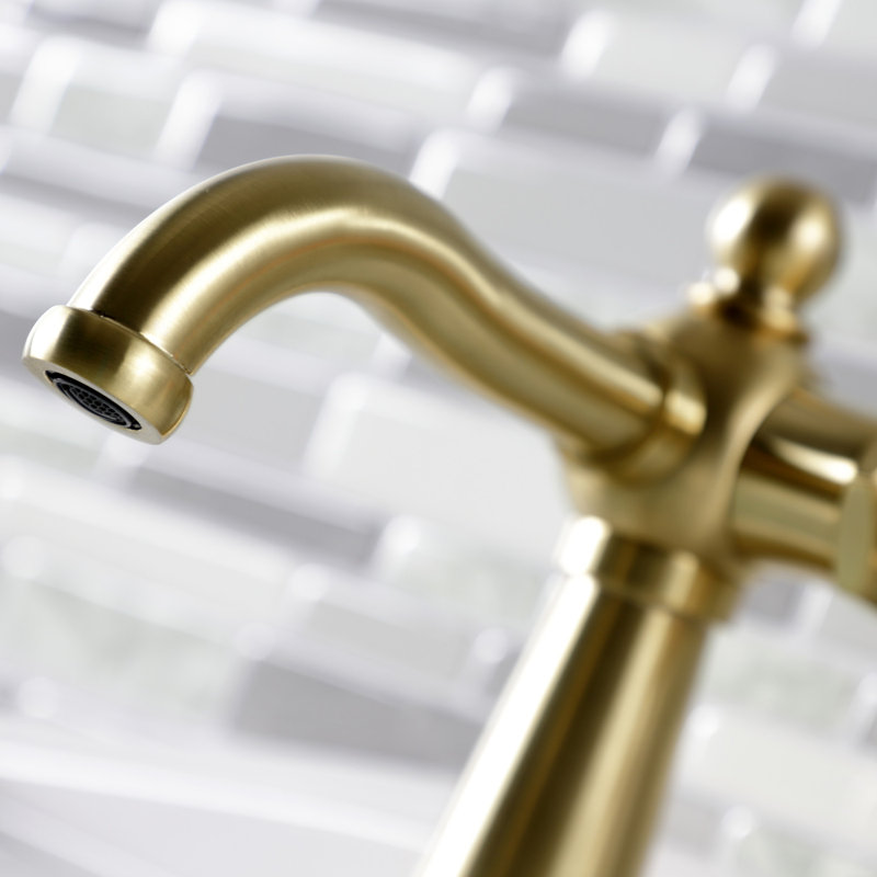 Kingston Brass Fuller Single-Handle 1-Hole Deck Mount Bathroom Faucet with Push Pop-Up, Brushed Brass, Wheel