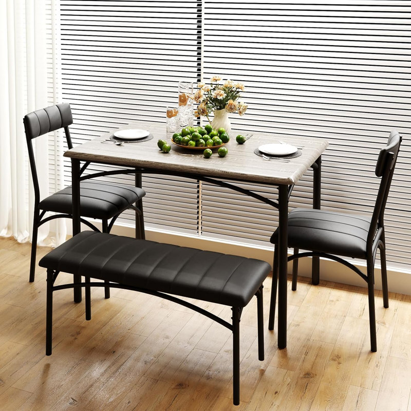 Dining Table Set for 4, Rectangular Wooden Table with Steel Frame, 2 Upholstered Chairs & Bench, Industrial Retro Style Compact Kitchen Dining Furniture for Small Space, Dinner, Apartment,Grey