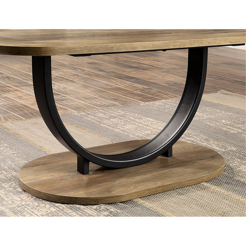 Chemin de table basse industriel 3 pièces avec bois reproduit en chêne rustique, base en acier en forme de U noir sable, 1 base ovale et 2 tables rondes suggérées