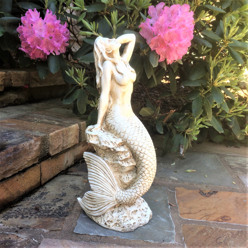 Statue de sirène sur la côte, H 15 po x l 5 po x P 6,25 po, Blanc antique
