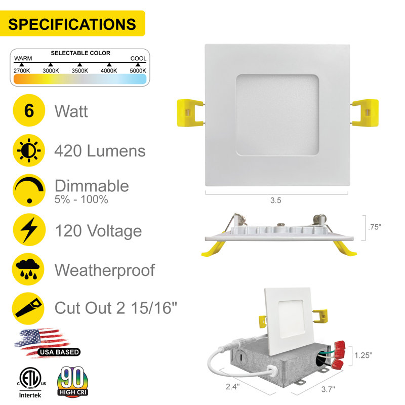 Panel Downlight 3'' Selectable Color Temperature 6 Watt Dimmable Air-Tight IC Rated LED Canless Recessed Lighting Kit