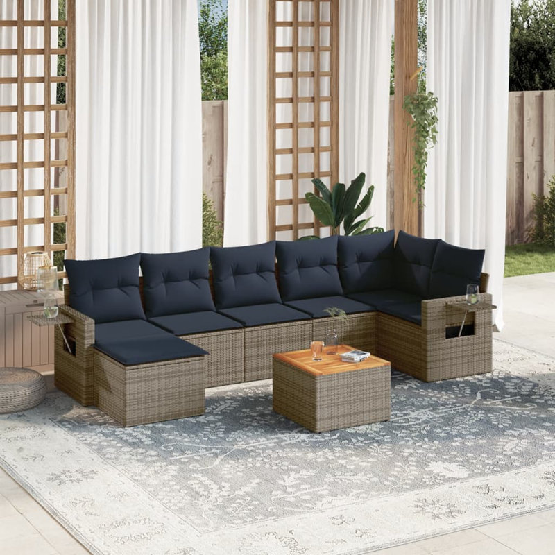 8 Piece Patio Sofa Set With Cushions Poly Rattan, Grey, Dark Blue