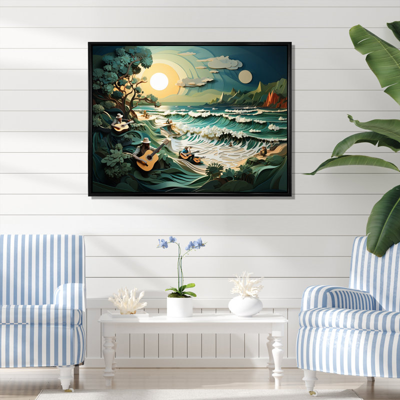Coastal Harmony Papercut II - Reproduction d'art nautique et plage, Cadre photo argenté, H 12 po x l 20 po x P 1 po