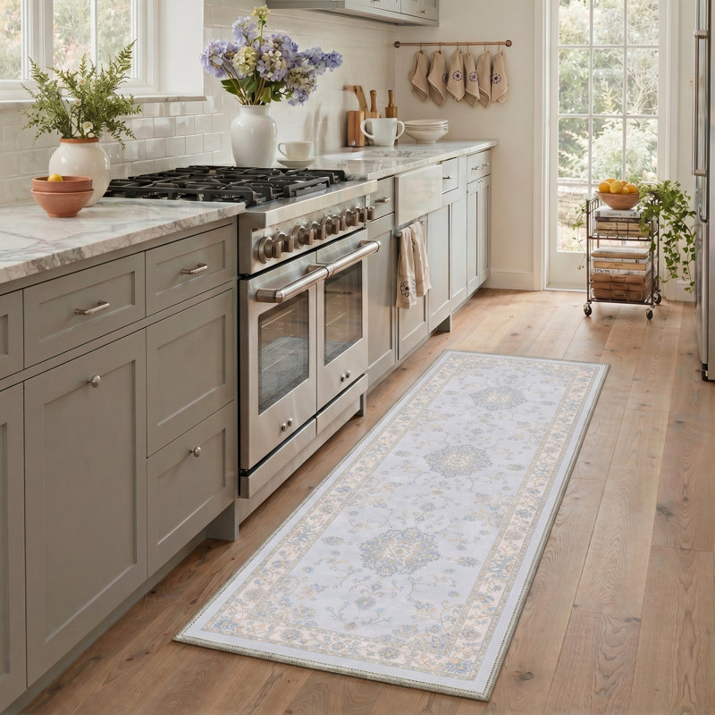 Abadou Floret Vintage Floral Medallion Machine Washable Beige / Blue Indoor Area Rug with Non-Slip Backing, Runner 2' x 7'