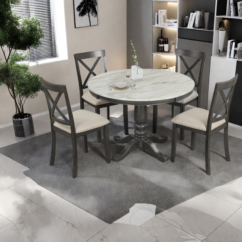 Élégant ensemble de table de salle à manger 5 pièces en bois massif et marbre, cuisine moderne