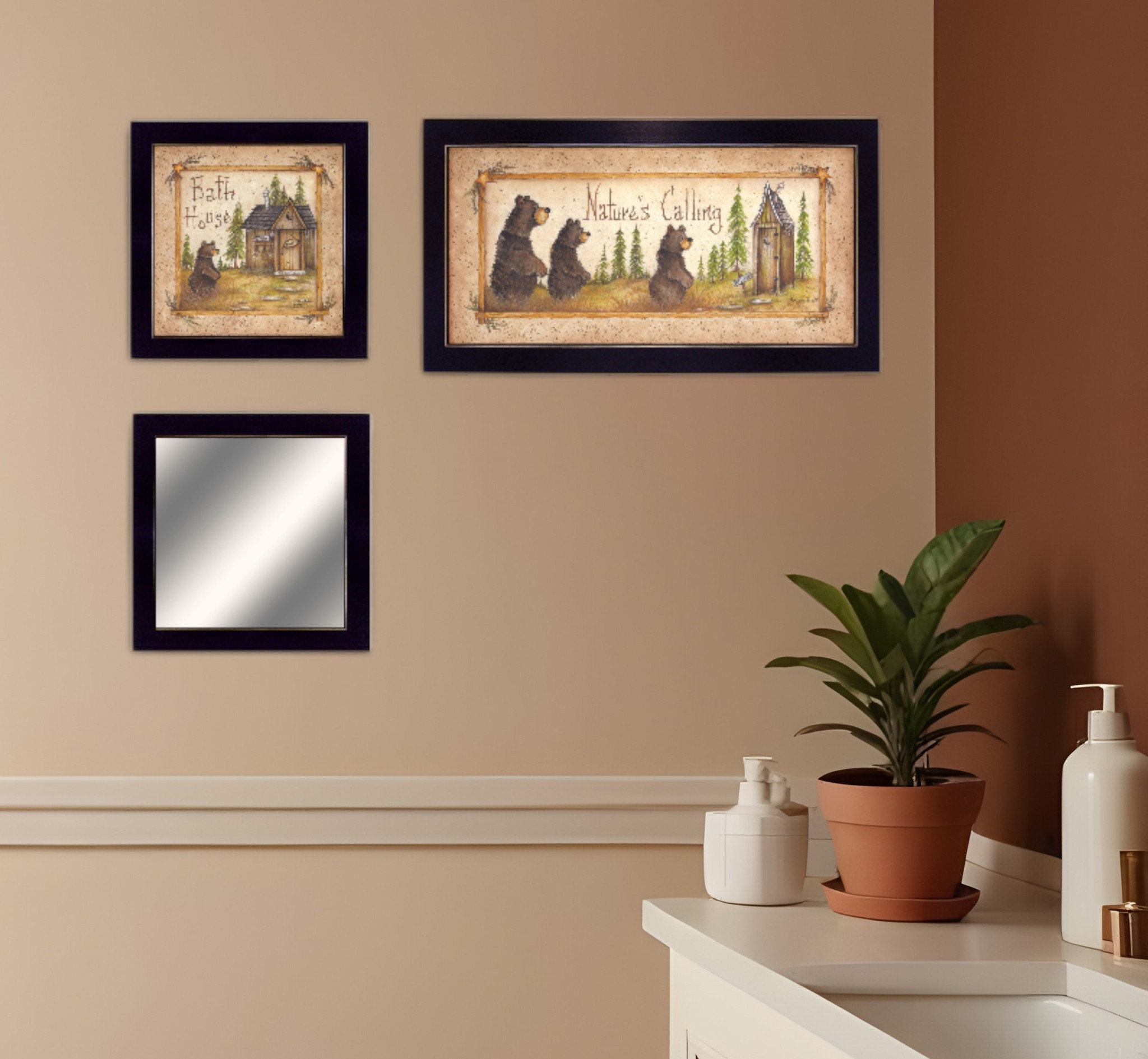 HomeRoots Set Of Three Natures Calling Black Framed Bathroom Wall Art ...