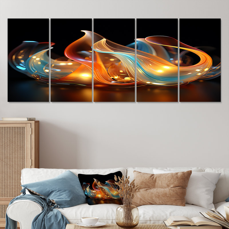 Feu, vagues d'eau bleues et orange - Toile d'art abstrait 5 pièces, H 32 po x l 80 po
