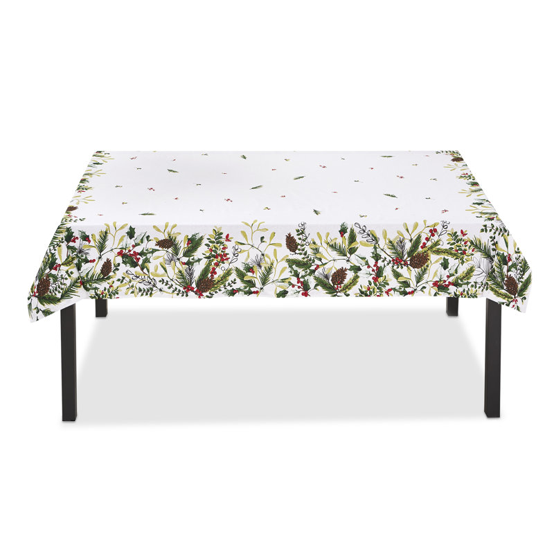 Nappe Winter Sprig en coton blanc avec pomme de pin et houx, L 84 po x l 60 po