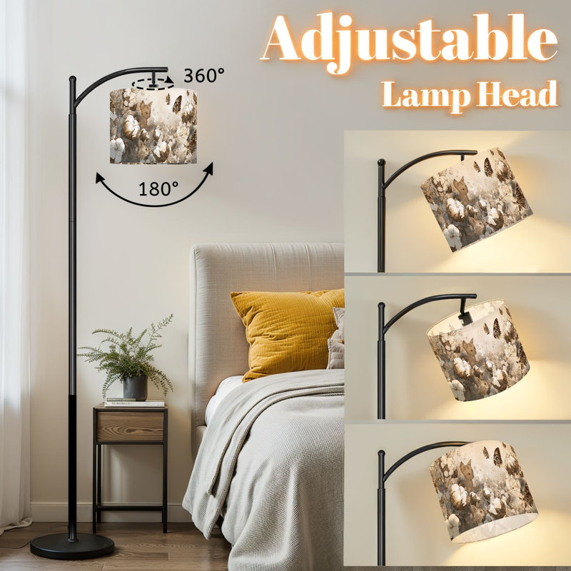 Lampe sur pied Arc avec abat-jour réglable Encre détaillée aquarelle Scène florale chats debout
