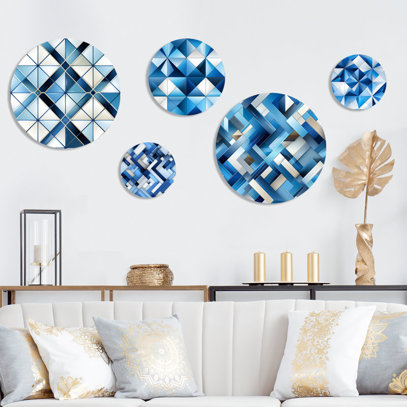 «Coastal Cobalt Blue Mosaic», ensemble d'art mural rond géométrique moderne de 5