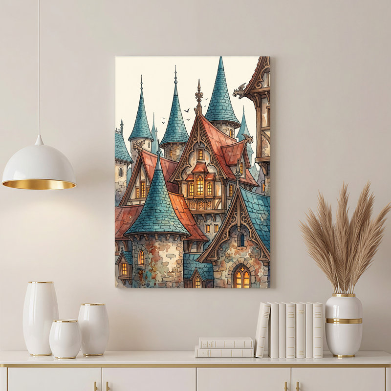 Art mural sur toile, château médiéval, H 40 po x l 28 po