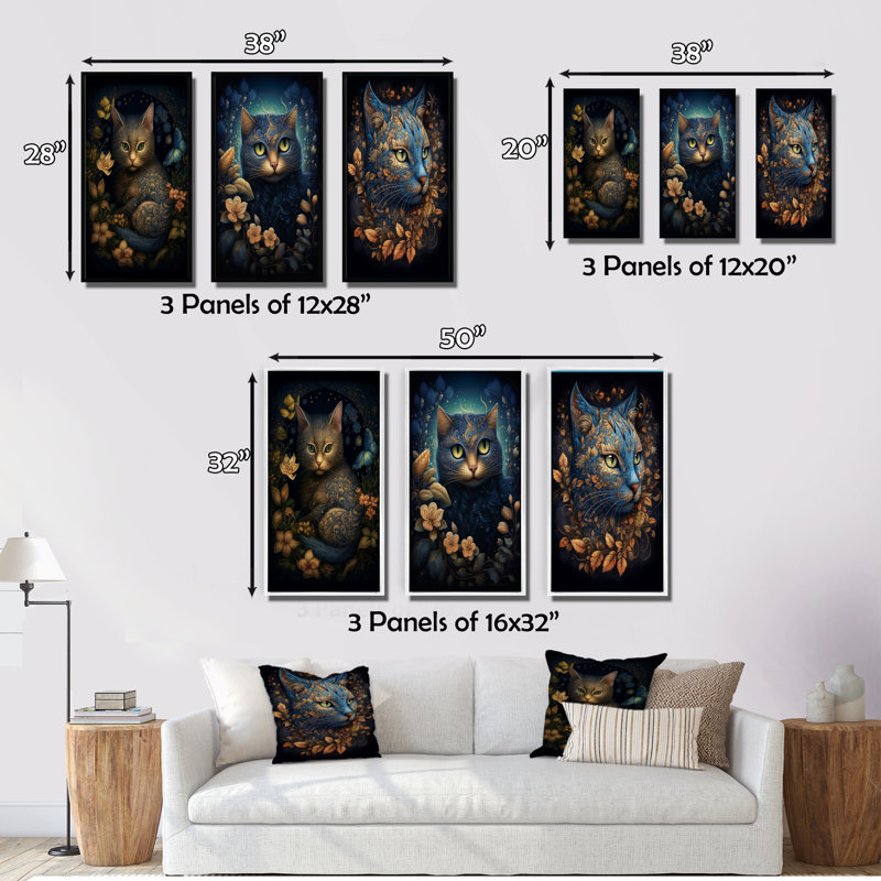 Retro Blue Cat Amidst Flowers II - Animals Cat Art Set Of 3 Pieces, Encadré naturel, H 20 po x l 36 po