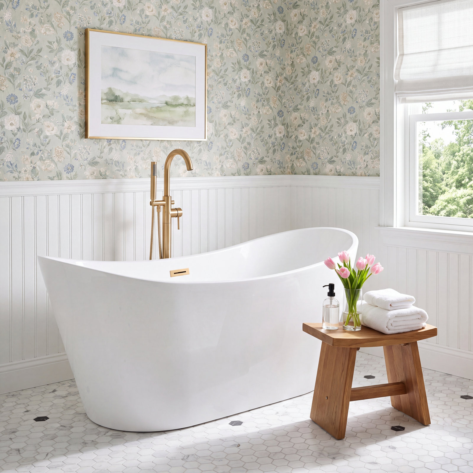 67'' x 32'' Freestanding Soaking Acrylic Bathtub, Brushed Gold, White