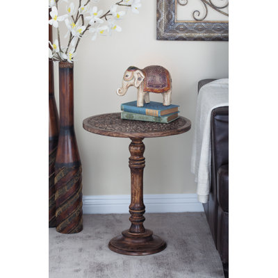 Anthea Mango Wood Handmade Intricately Carved Floral Side End Accent Table with Turned Base by Dakota Fields
