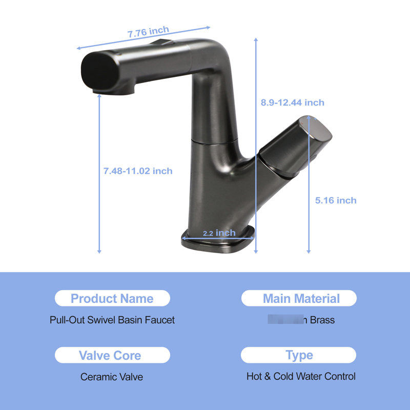 Gunmetal Black Pull - Down Bathroom Faucet, Three Flow Modes, 90 Cm Water Supply Hoses, 360 Swivel Spout, Cold/Hot Setting, Complete Installation , Ceramic Valve Mode Faucet In Black, Silky Smooth