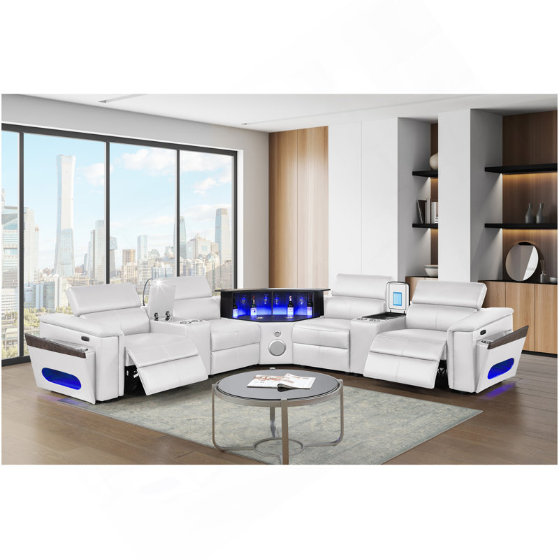 Canapé modulaire Nova avec 1 console (lampe de lecture), coin avec haut-parleur Bluetooth, armoire à vin à DEL et à levage - Blanc