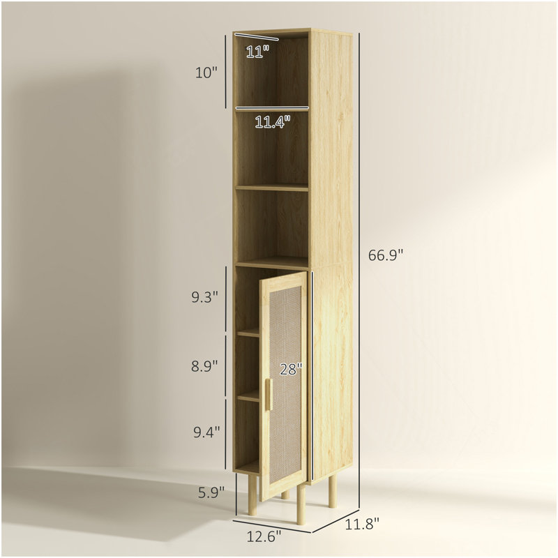 Freestanding Bathroom Storage Cabinet,Tall Bathroom Cabinet With Rattan Doors, Oak