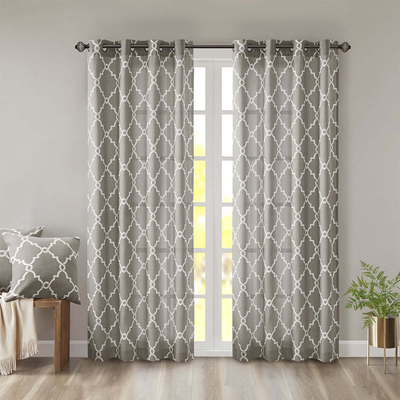 Fretwork Print Grommet Top Window Curtain Panel(Only 1 Pc Panel), 50" W x 63" L, Gray/White