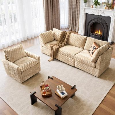 Canapé modulaire en velours côtelé 4 pièces avec chaise berçante pivotante, siège profond pour salon et chambre à coucher, canapé rembourré moelleux et moderne, facile à assembler