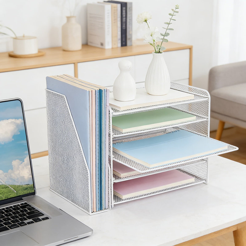 Organiseur de bureau à 5 niveaux avec porte-revues, organisateur de bureau en métal robuste pour fournitures de bureau, papier et documents, solution de rangement d'espace de travail peu encombrante
