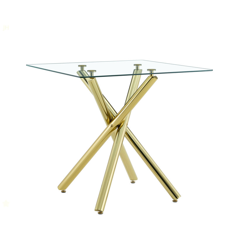 Modern Gold Bar Table With Tempered Glass Top, Sturdy Cross Metal Legs Pub Table For Home Bar, Kitchen Island, Living Room