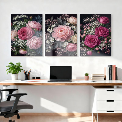 Fleurs et pivoines florales, reproduction d'art sur toile tendue sur toile, ensemble de 3, pour salon, chambre à coucher, décoration intérieure