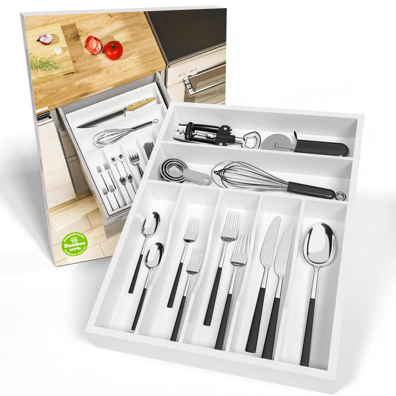 Organisateur d'ustensiles, organisateur de tiroir à couverts - Organisateur de couverts en bambou à 7 emplacements, séparateur multifonctionnel pour couverts de cuisine, accessoires pour cheveux, outils de réparation, ensemble d'art L13” x l17” (Blanc)