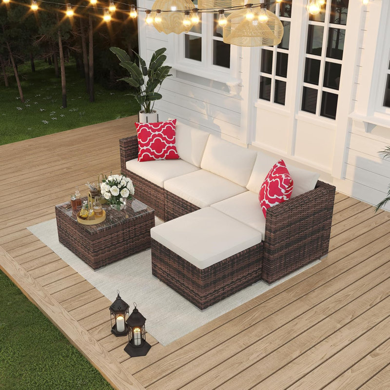 5 Piece Outdoor Rattan Patio Sofa Set with Storage Table and Footstool for Garden, Beige, Brown