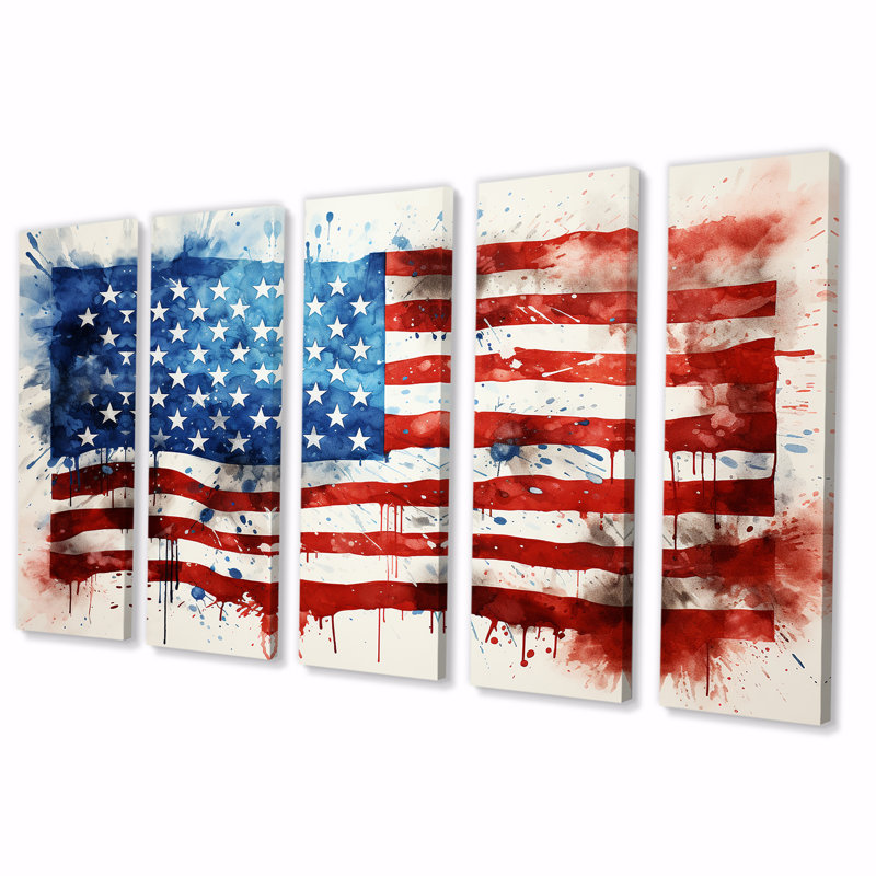 «Watercolor American Flag I - Flag Usa», art mural 5 pièces, H 28 po x l 60 po