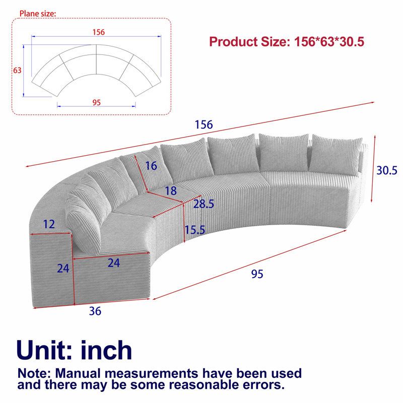 Canapé modulaire courbé, canapé modulaire avec coussins, Gris, H 30,53 po x l 156,03 po x P 63,03 po