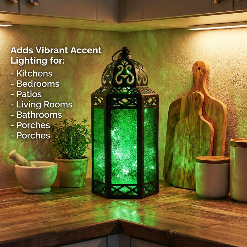 Decorative Moroccan Candle Lantern with LED Fairy Lights, Black/Green, 12" H x 5.75" W x 4.4" D