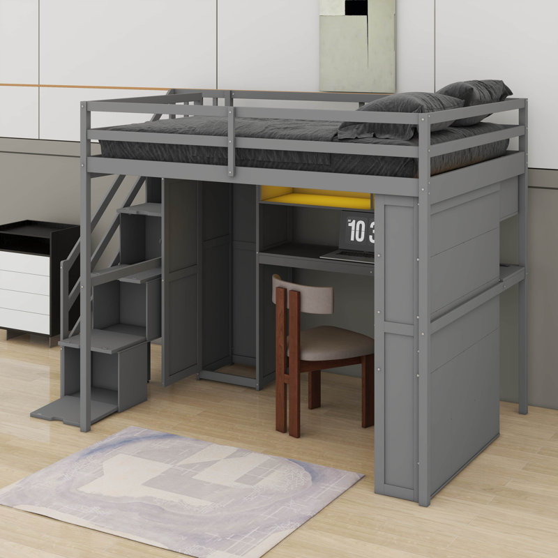 Structure de lit mezzanine avec bureau d'étude intégré et lumières DEL, lit mezzanine en bois avec garde-robe, tablettes de rangement