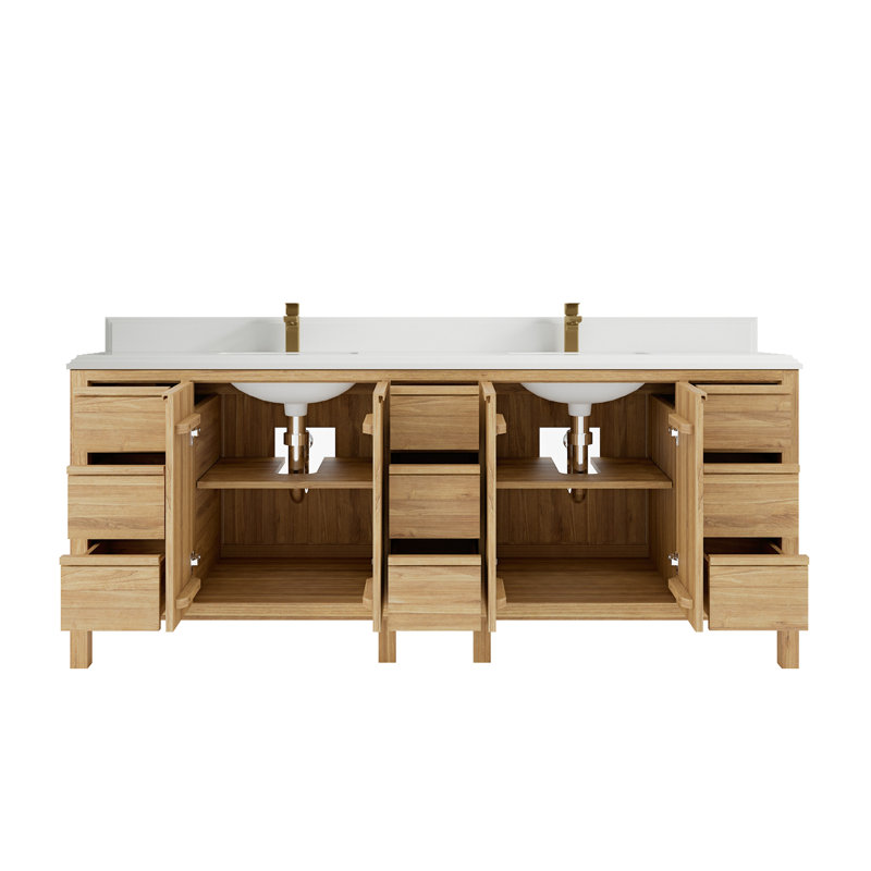 84'' Double Bathroom Vanity with Quartz Top, White, Light Brown