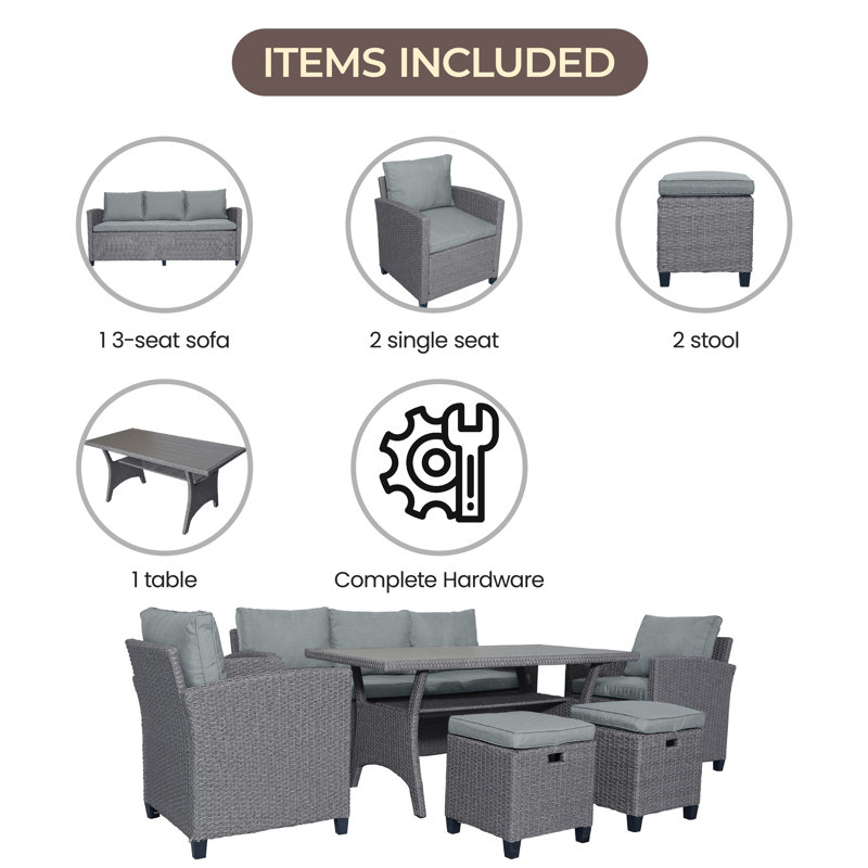 Ensemble de conversation d'extérieur pour 7 personnes avec coussins, Gris